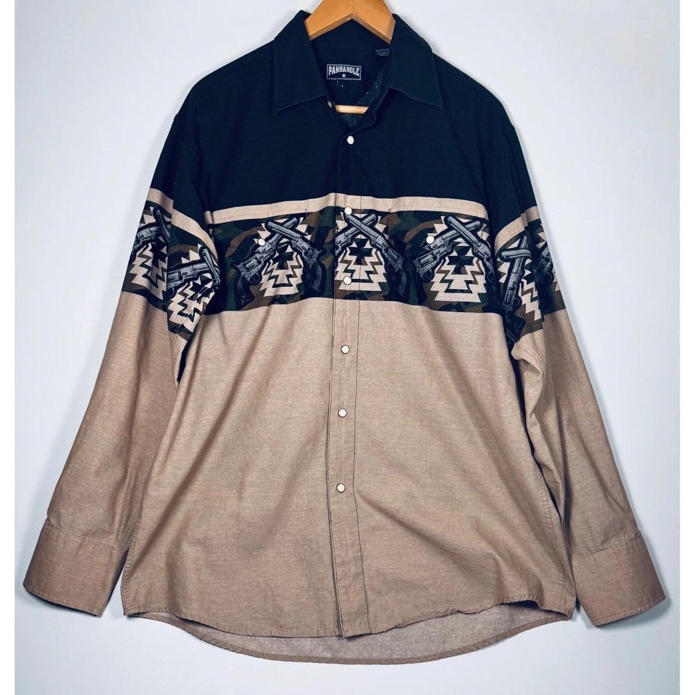 Panhandle Western Shirt Mens Large‎ Black Tan Snap Front Cowboy Revolver Ranch